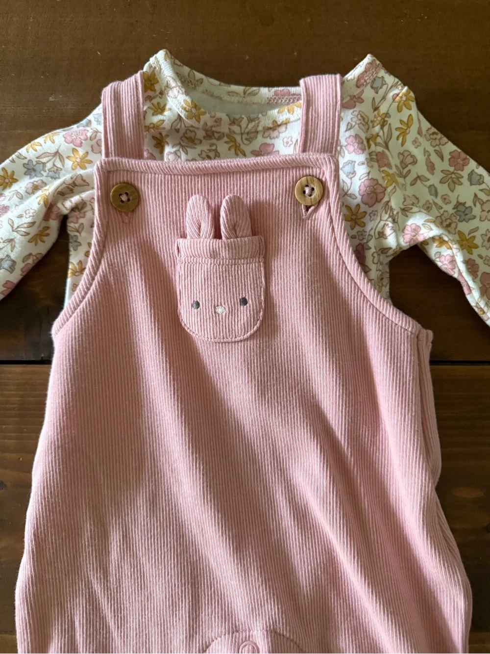NWT Pink Ribbed Bunny Overalls with Floral Long-Sleeve Bodysuit
